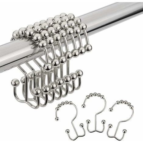 Duschvorhangringe, Duschvorhangringe Aus Edelstahl, Verschiebbare Doppel-duschhaken Aus Metall Für Duschstangen Im Schlafzimmer, Vorhänge, Nickel, 24er-set