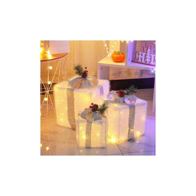 Lot De 3 Décorations De Noël Illuminées – Led À Piles Non Rechargeables – Nœud À Paillettes Argentées – Pour Intérieur Et Extérieur