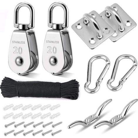 Tootaci M20 Heberolle, 2 Stück 20 Mm Rolle Aus Edelstahl 304 Für Seile Und Kabel Mit 4 Mm Seillänge (20 M) Und M5 Karabiner, Polsterplatte, Klemmhaken