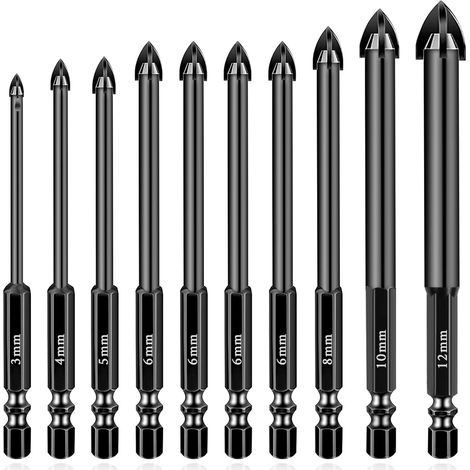 Fliesenbohrer, 10er-pack Professionelle Kreuzbohrer Aus Wolframkarbid, Fliesenbohrer, Sechskant-fliesenbohrer, Für Glas, Metall, Ziegel, Kunststoff, Holz (3, 4, 5, 6, 6, 6, 6, 8, 10, 12 Mm)