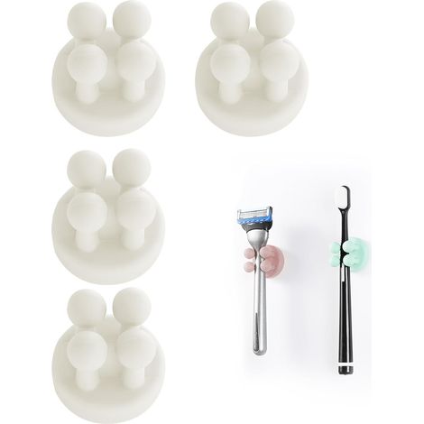 Set Mit 4 Multifunktionalen Silikon-zahnbürstenhaltern Für Rasierer Und Zahnbürsten, Wasserfest, Selbstklebend, Zum Aufhängen Im Badezimmer (weiß, 4 Stück)