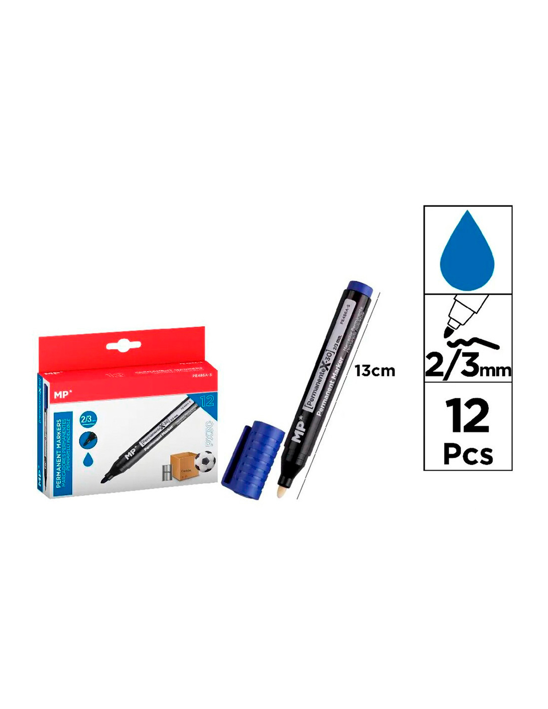 Marqueur Permanent Bleu Mp Px30 Encre Indélébile, Pointe Biseautée - Mp