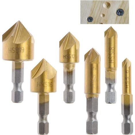 6-teiliges Hss-titan-90°-fasenfräser-set, 5 Schneiden, 1/4"-sechskantschaft, 6 Mm, 8 Mm, 9 Mm, 12 Mm, 16 Mm, 19 Mm Holzbohrer