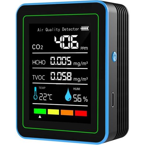 Co2-monitor 5 Und 1, Tragbarer Kohlenstoffdioxid-detektor Und Innenluftqualitätstest (co2, Tvoc, Hcho, Pm2,5, Pm10) Mit Lcd-rückwand- Und Réveil-anzeige Für Das Haus, Abs