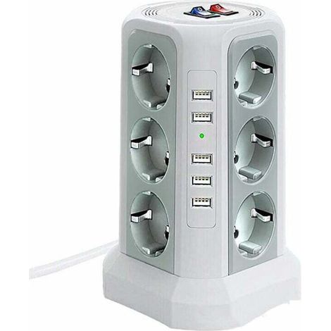 17-in-1-turm-steckdosenleiste Mit Überspannungsschutz, 12 Steckdosen Und 5 Usb-anschlüssen, 1500 J Überspannungsschutz, 3 Einzelschaltern, 2 M Kabel, Weiß