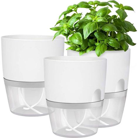 Set Aus 3 Selbstbewässernden Blumentöpfen Mit Wasserstandsanzeige, Automatisches Bewässerungssystem Aus Kunststoff Und Baumwolle, Höhe 18,2 Cm, Öffnung 15,3 Cm, Tiefe 11 Cm, Für