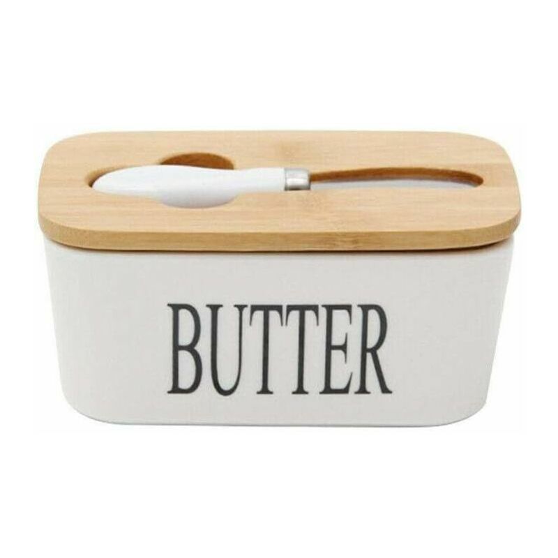Butterdose Aus Porzellan Mit Messer Und Holzdeckel Für 250 G Weiß 16,5 X 10 X 7,5 Cm