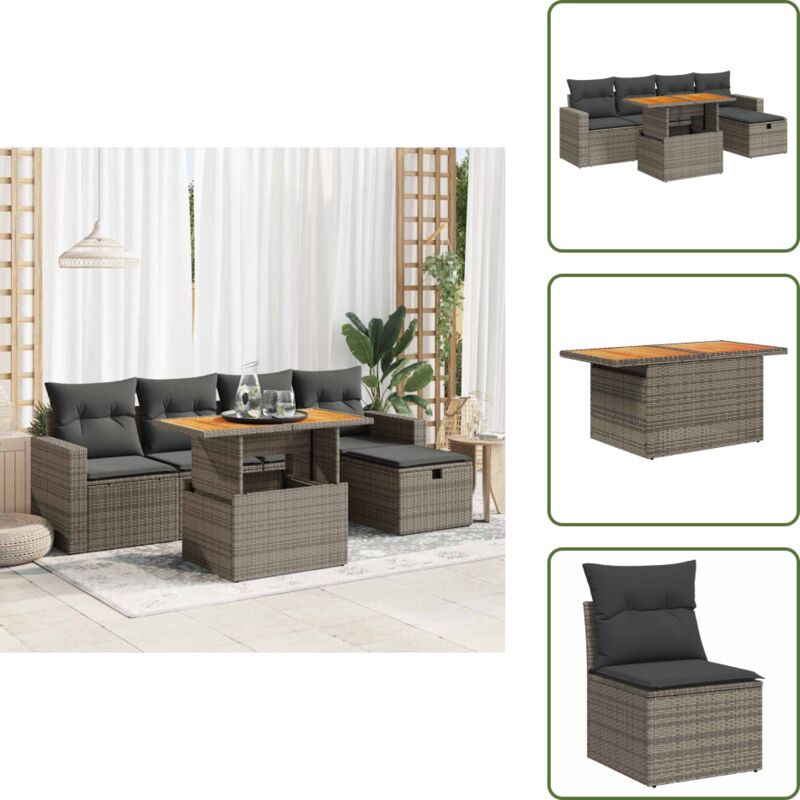 6-tlg. Garten-sofagarnitur Mit Kissen Grau Poly Rattan Akazie - Garten Sofagarnitur - Garten Sofagarnituren - Outdoor Sofagarnitur - Sofagarnitur Terrasse
