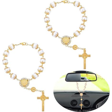 Rosenkranz Für Den Auto-rückspiegel, Set Mit 2 Hängekreuzen, Auto-spiegel-anhänger, Dekorationsaccessoire Für Damen Und Herren (gold)
