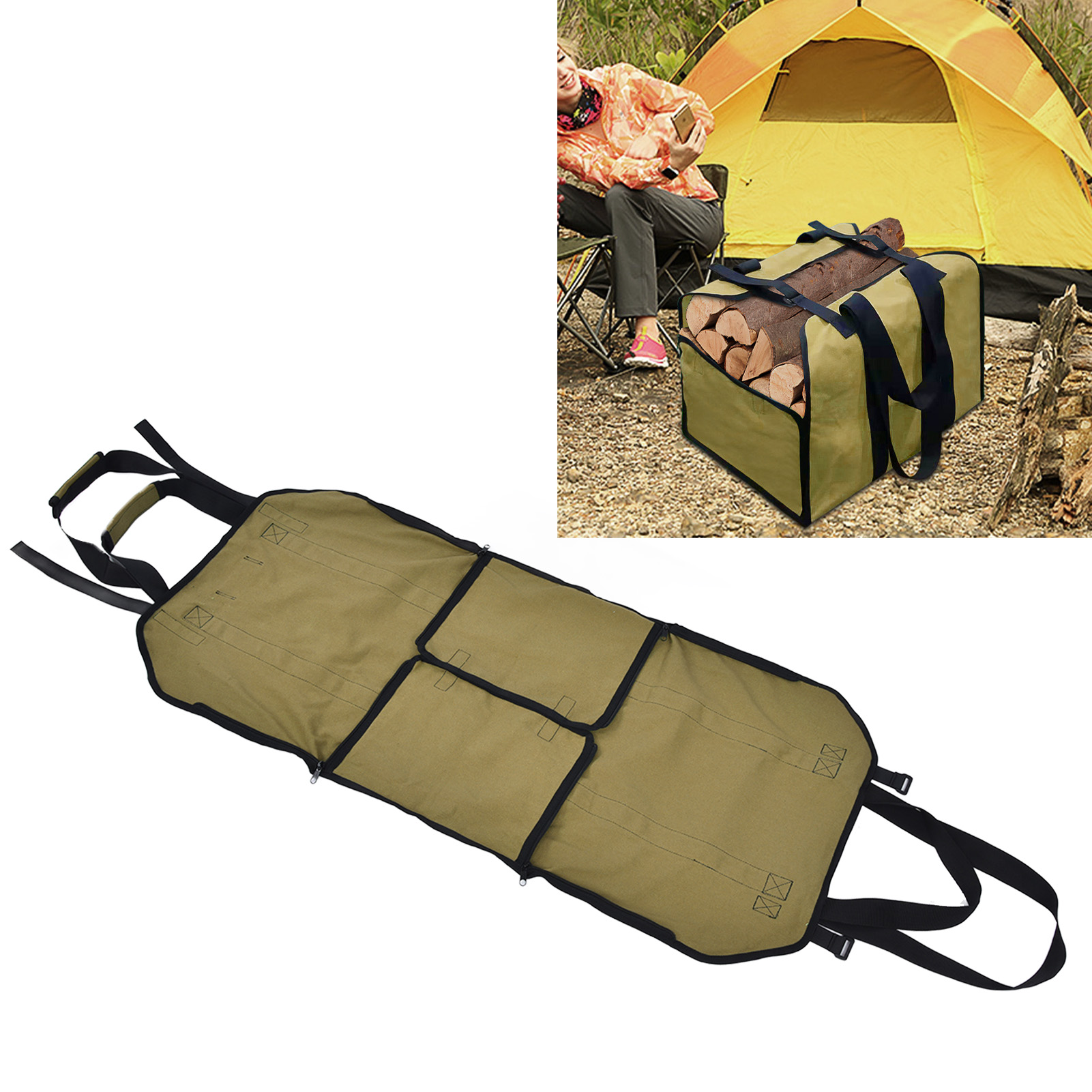 Großvolumiger, Vielseitig Verwendbarer Holzsack Aus Oxford-gewebe In Khaki Zum Transportieren Und Lagern Von Brennholz Im Garten.