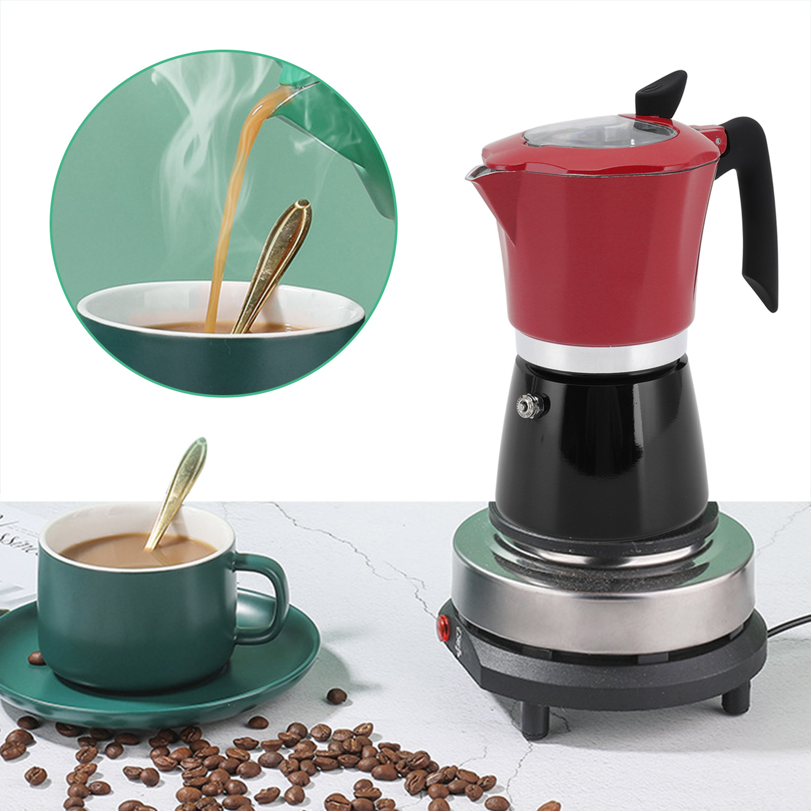 Zweifarbige, Rot-schwarze Italienische Kaffeemaschine Nr. 6 Mit Zweifarbigem, Transparentem Deckel, Ideal Für Einsteiger. Fassungsvermögen: 300 Ml.