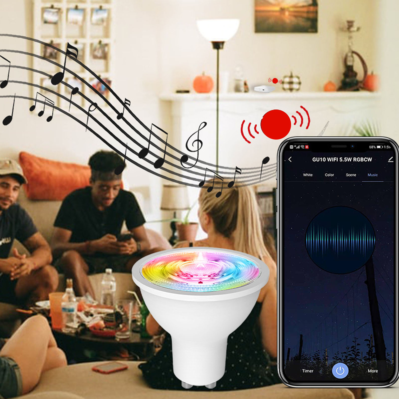 Intelligente Led-glühbirne Mit Zigbee-smart-led-fassung Im Graffiti-design, Dimmbare Rgbww-lampe, Gu10-sockel/ac90–250 V, 5 W