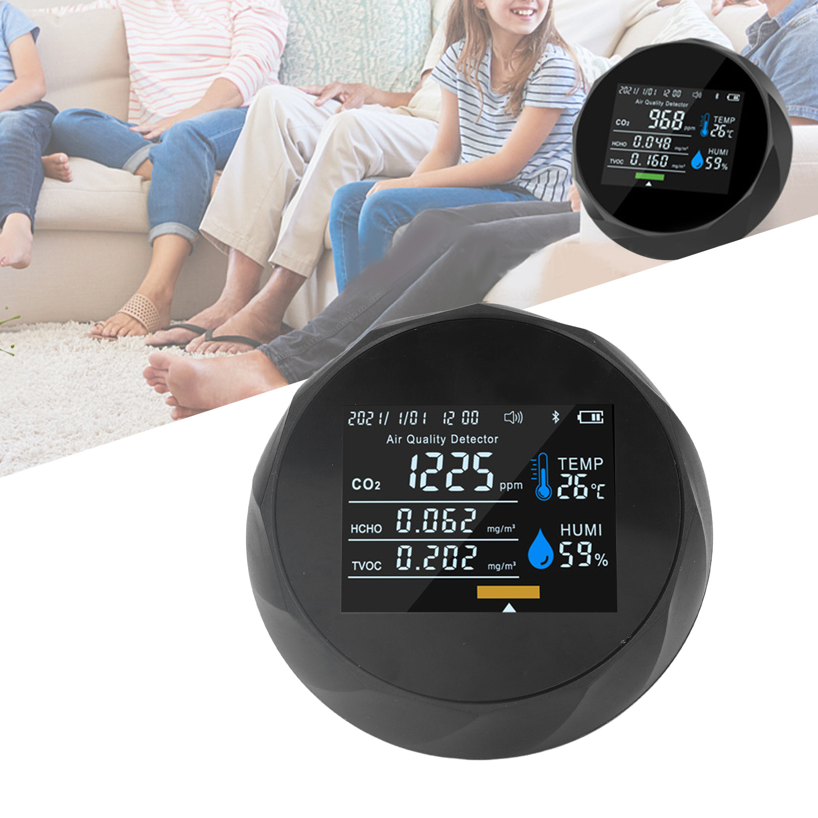 Tragbares Luftqualitätsmessgerät Mit Bluetooth-verbindung, Kohlendioxiddetektor, Tvoc-detektor, Datenspeicherung, Usb-ladefunktion, Schwarz.