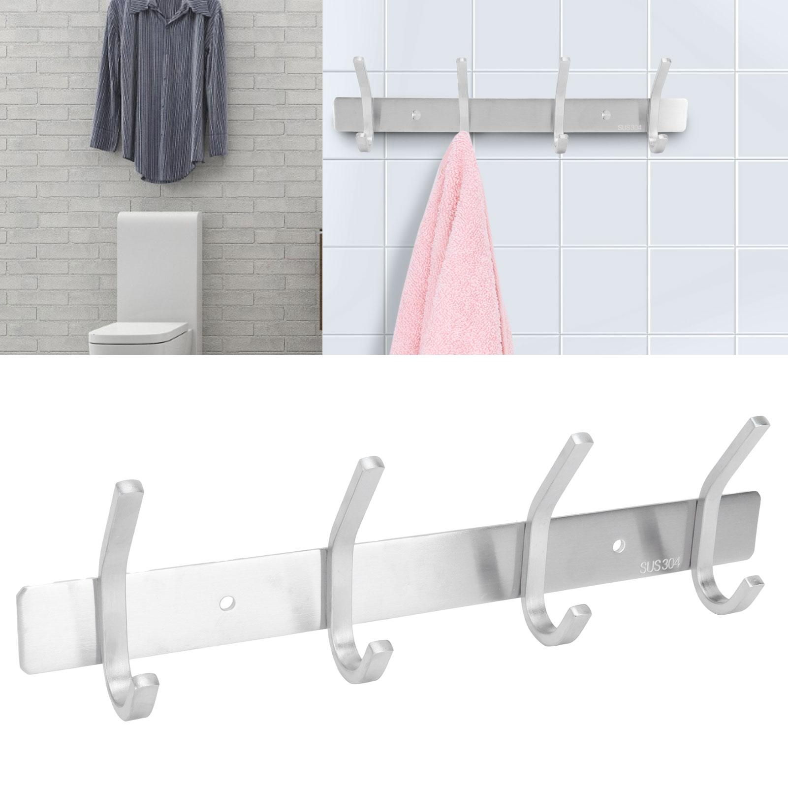 Wandhaken Aus Gebürstetem Edelstahl, Schlichtes Design, Mit 4 Haken Für Das Badezimmer.
