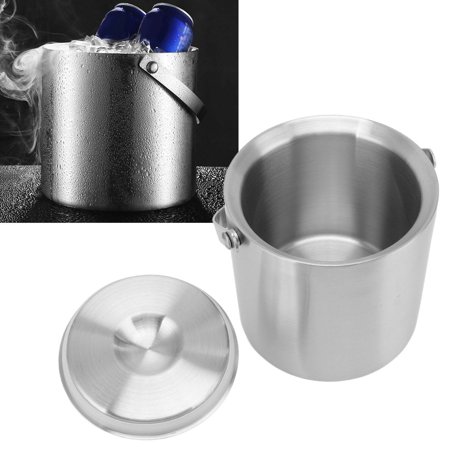 Doppelwandiger, Isolierter Und Verstärkter Eisbehälter Aus Edelstahl Mit Griff, 2 Liter Fassungsvermögen, Für Wein Und Bier.