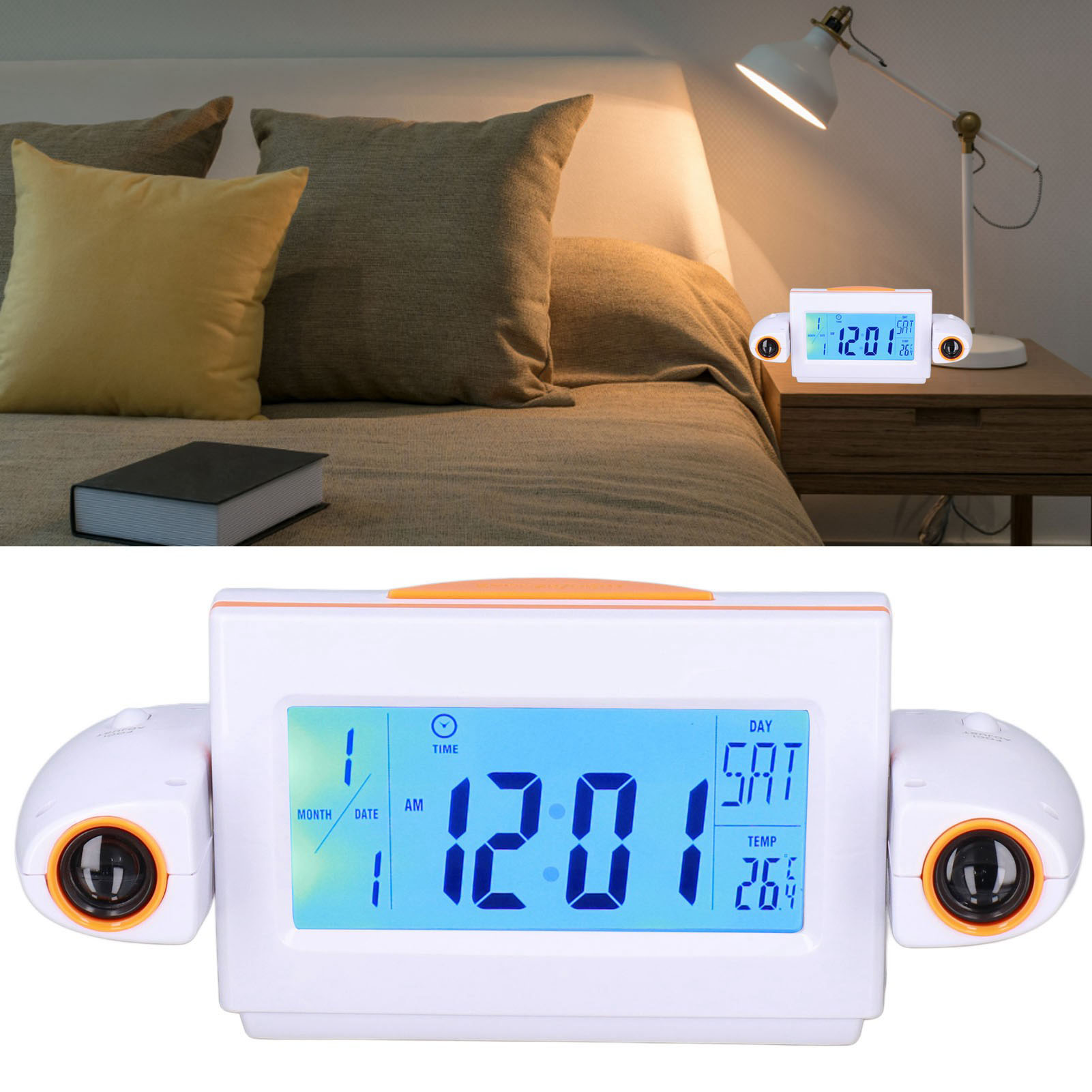 Elektronischer Wecker Mit Led-beleuchtung, Projektorwecker, Sprachgesteuerter Wecker, Batterien Nicht Enthalten. (weiß/orange)