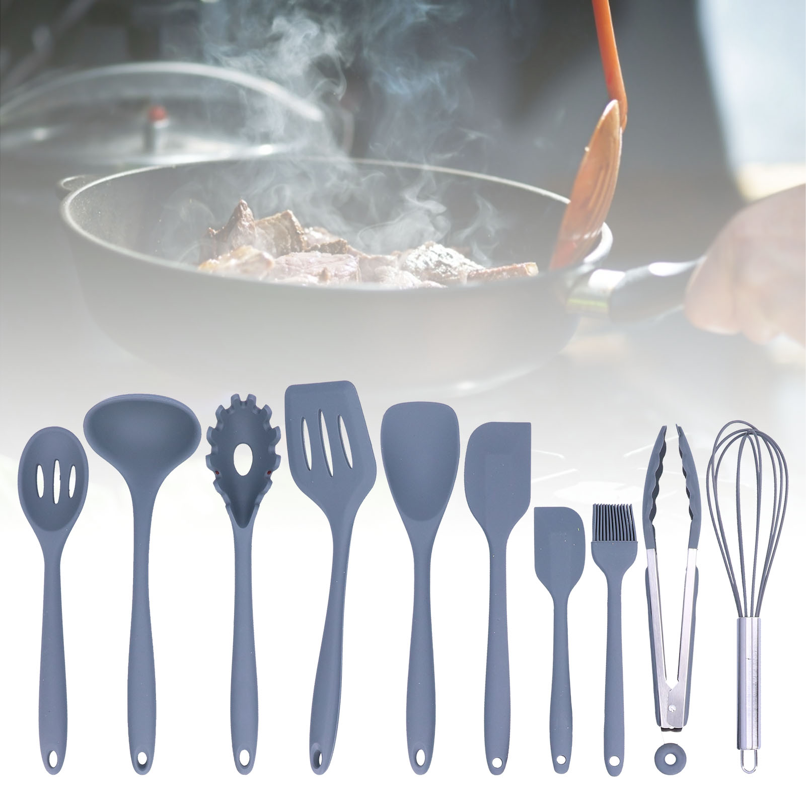 Set Mit 10 Antihaftbeschichteten Küchenutensilien Aus Silikon: Pfannenwender, Löffel, Schneebesen, Pinsel (grau)