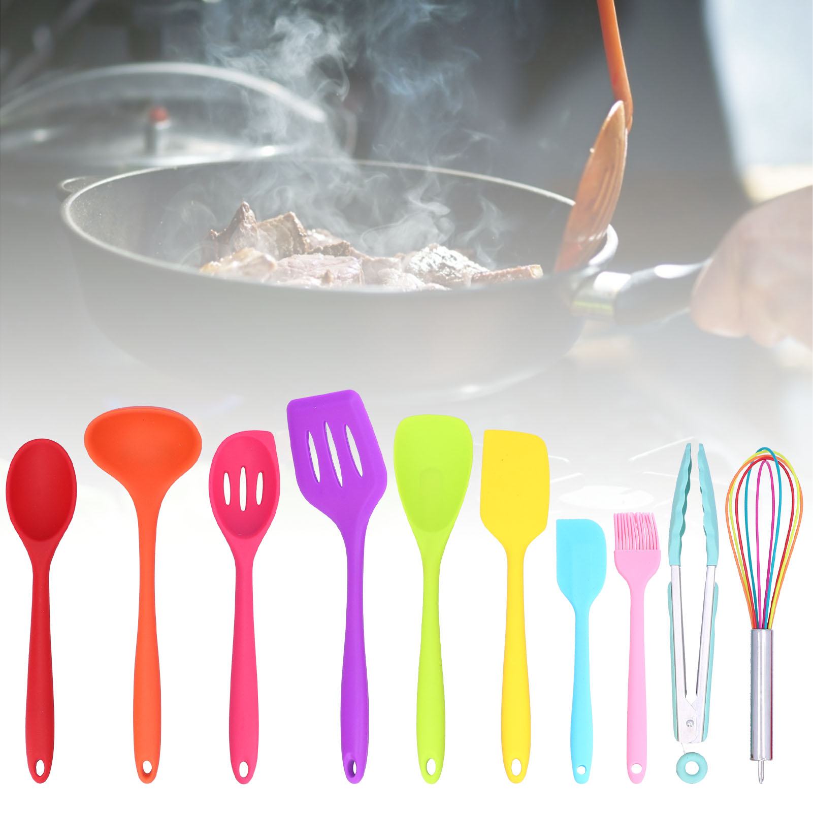 Set Mit 10 Antihaftbeschichteten Küchenutensilien Aus Silikon: Pfannenwender, Löffel, Schneebesen, Pinsel (farbig).