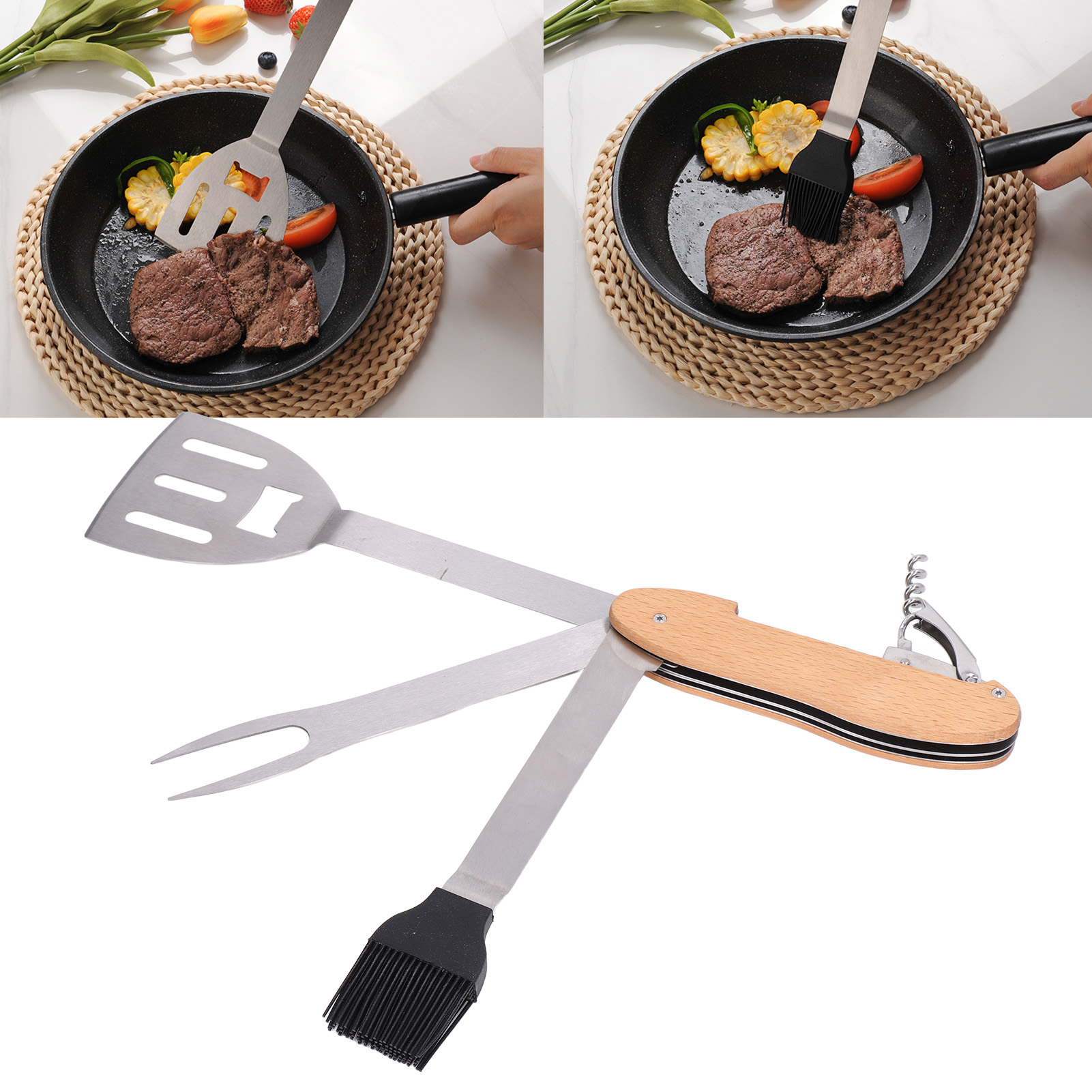 5-in-1 Multifunktionales, Faltbares Und Tragbares Grillbesteck-set: Pfannenwender, Bürste, Gabel, Flaschenöffner, Edelstahl.