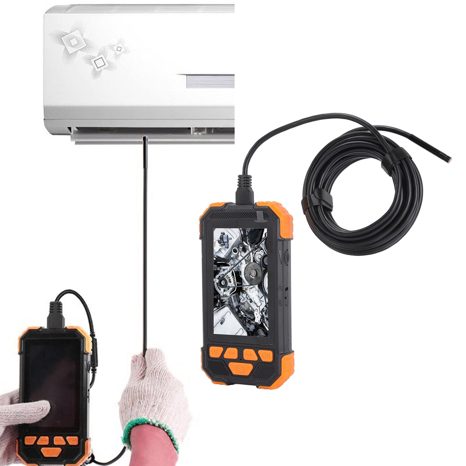 7,9-mm-doppellinsen-endoskop, 4,3-zoll-1080p-ips-bildschirm, Ip67-wasserdichte Kamera, 5-meter-kabel, Usb-ladefunktion, Orange.