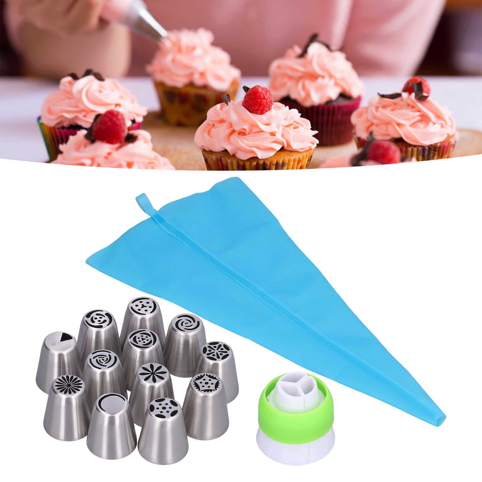 Set Mit 14 Spritztüllen, Großformatiger Edelstahl-tüllenadapter, Spritzbeutel, Dekorationswerkzeuge