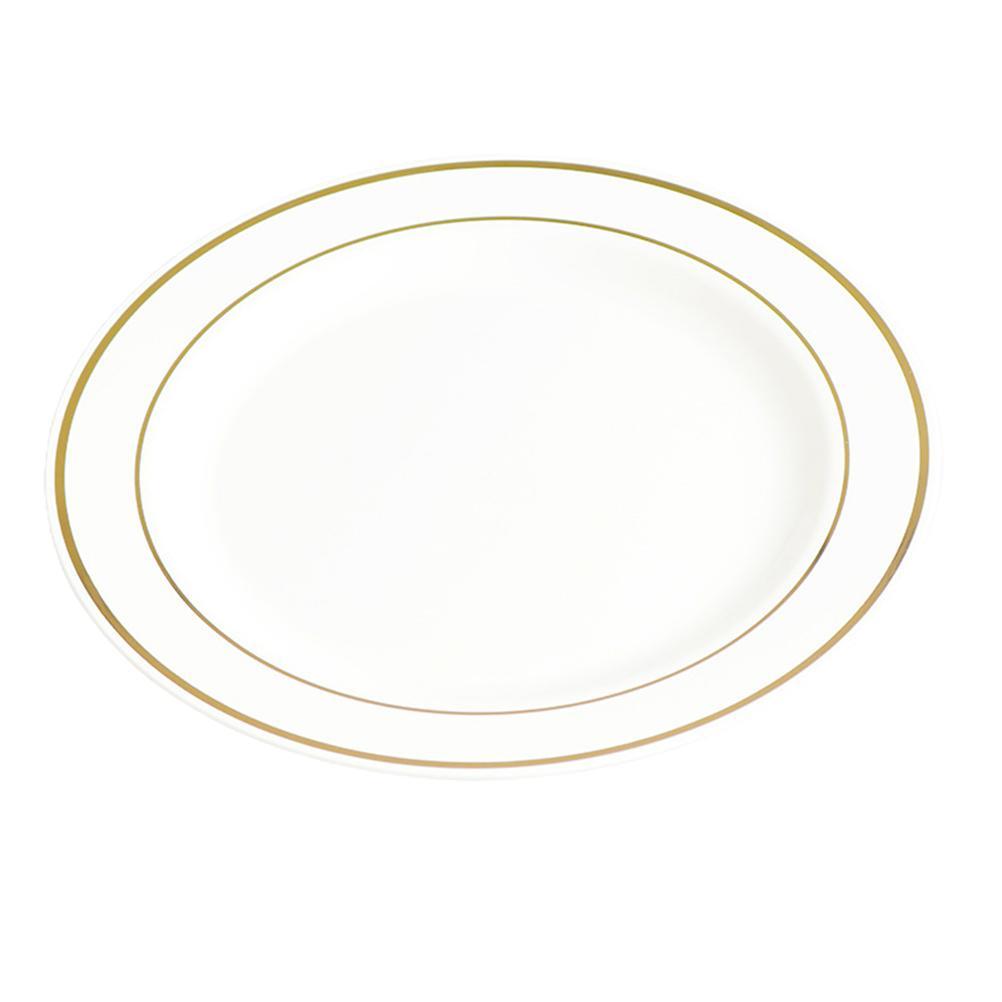 Set Aus 50 Kunststoff-esstellern Mit Silbernem Und Goldenem Rand: 25 Speiseteller Mit 15 Cm Durchmesser Und 25 Salatteller Mit 23 Cm Durchmesser, Für Eine Party.