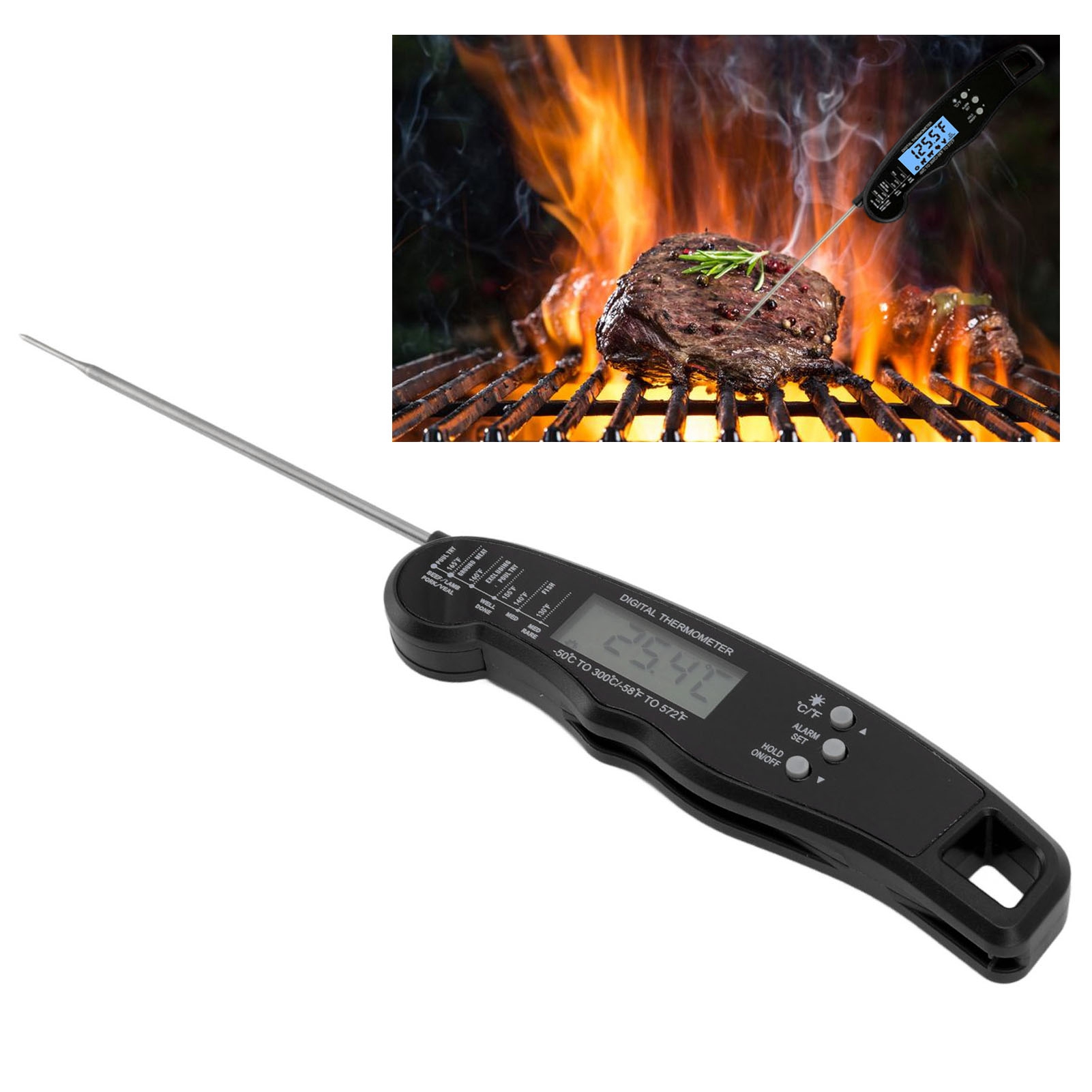 Multifunktionales, Wasserdichtes Doppelzeigerthermometer, Lebensmittelthermometer, Grillthermometer, Schwarz.