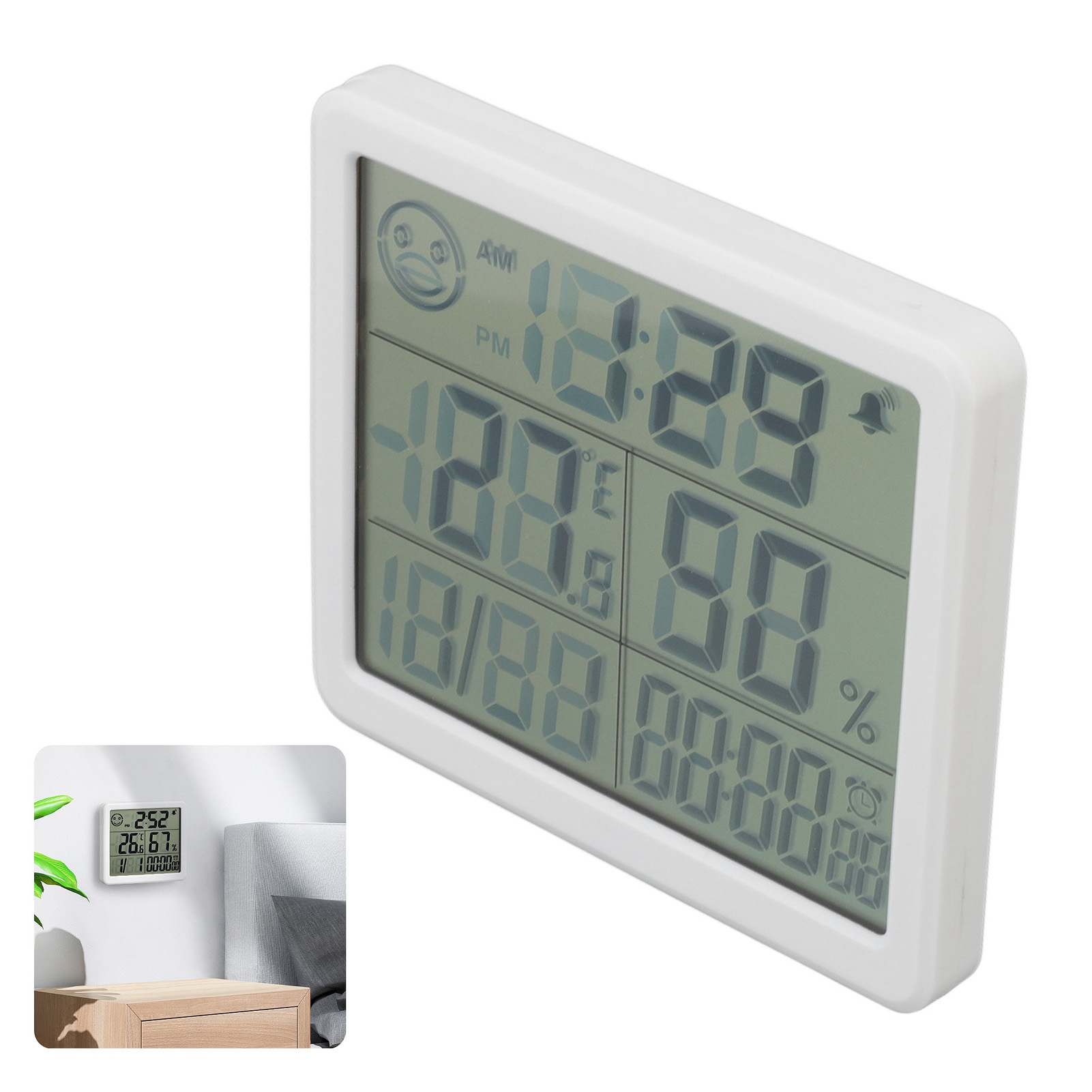 Digitales Elektronisches Thermometer Und Hygrometer Für Zuhause, Haushaltsthermometer, Innenraum-hygrometer, Wecker, Datumsanzeige, Babyzimmer, Wohnzimmer, Büro, Gewächshaus, Weiß.