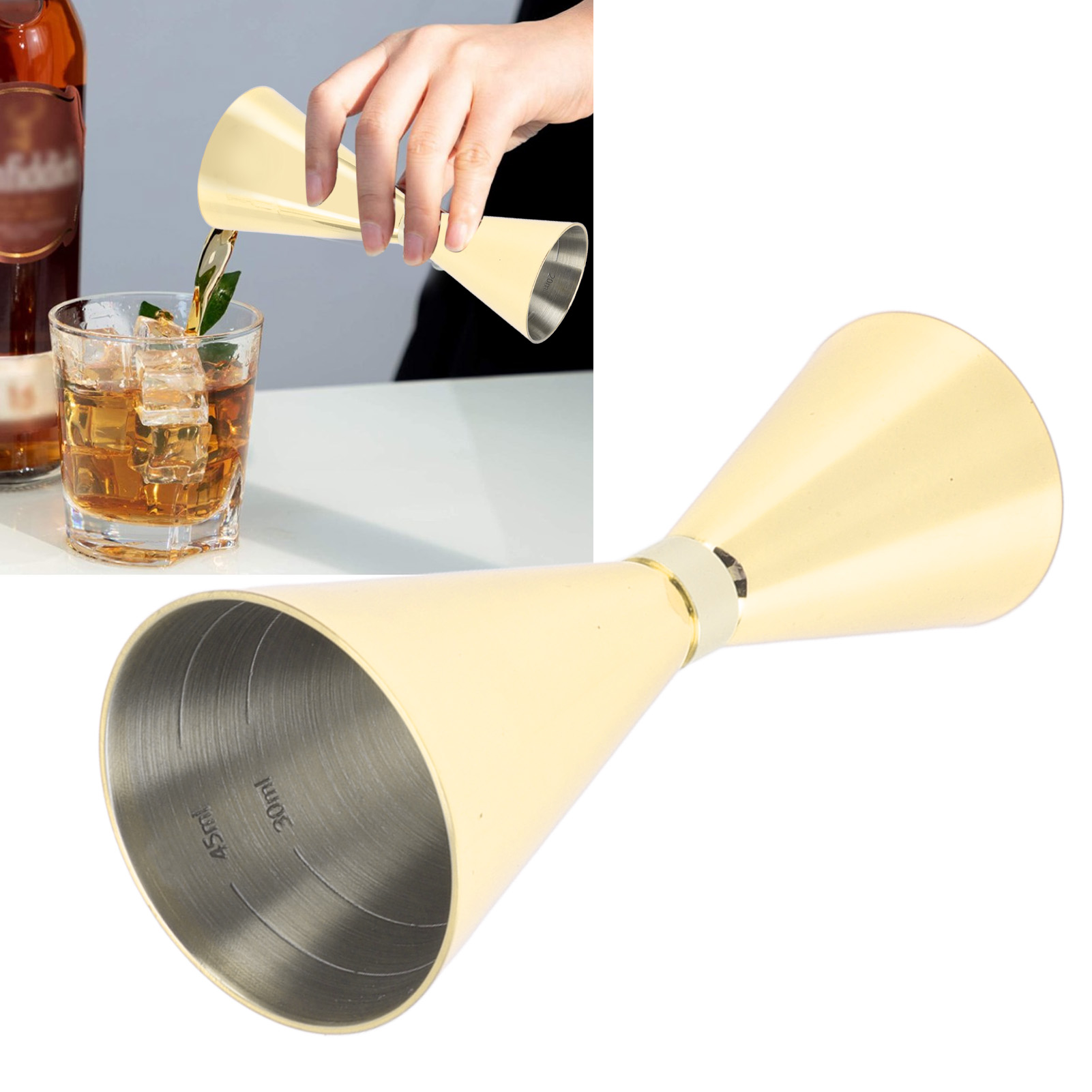 Konischer Messbecher Aus Edelstahl Im Japanischen Stil Mit Goldring, 30-60 Ml, Vergoldet.