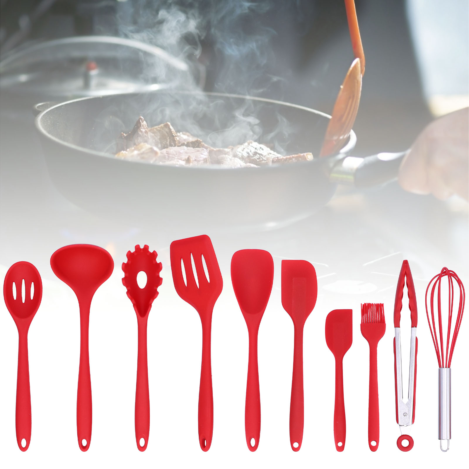 Set Mit 10 Antihaftbeschichteten Küchenutensilien Aus Silikon: Pfannenwender, Löffel, Schneebesen, Pinsel (rot)