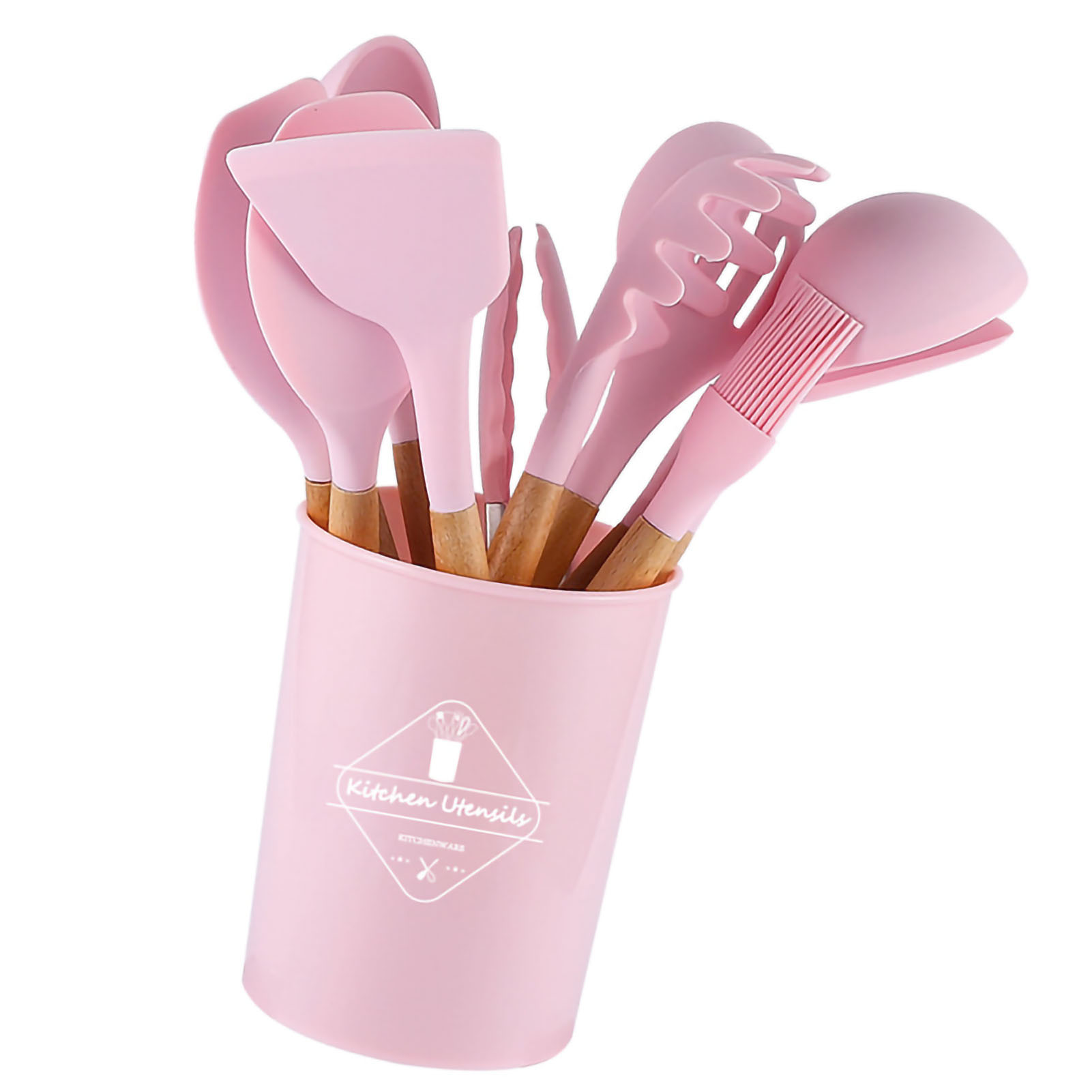 12-teiliges Antihaft-pfannen- Und Aufbewahrungseimer-set Mit Holzgriffen, 11-teiliges Küchenutensilien-set Aus Silikon, 11-teiliges Rosa Set Mit Eimer.