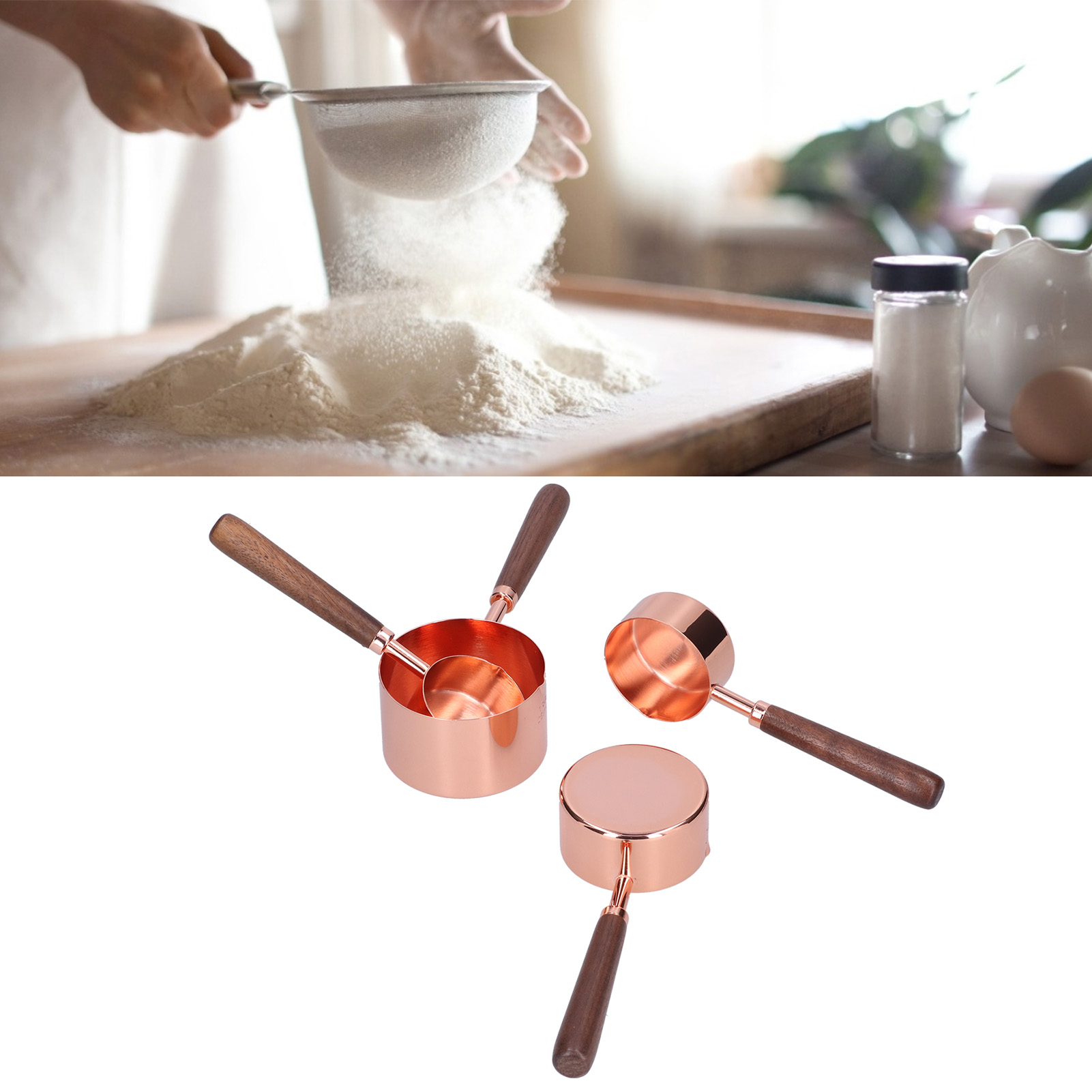 Set Aus 4 Roségoldenen Messbechern Mit Graduierung Und Messlöffeln Aus Edelstahl Für Die Küche (große Größe).