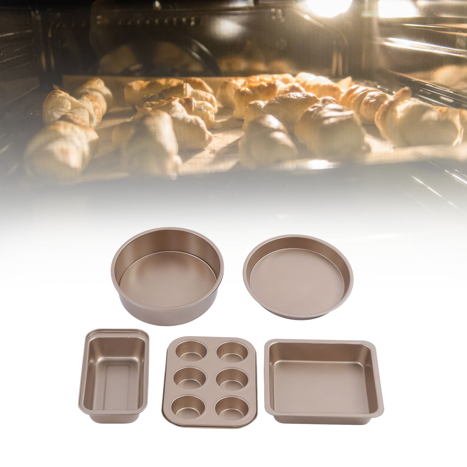 Professionelles Backform-set Aus Kohlenstoffstahl, Bestehend Aus Einer Kuchenform, Einer Pizzaform Und Goldenen Backblechen.