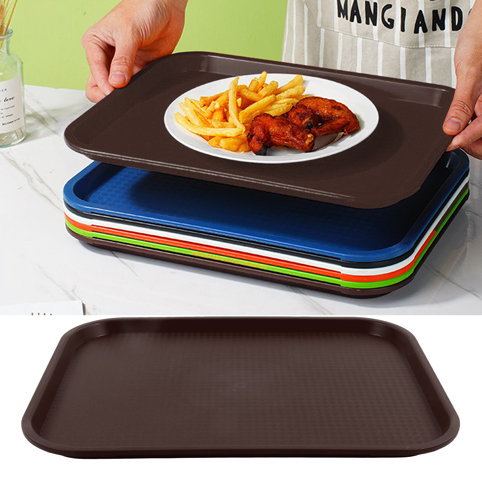 Großes, Rechteckiges Tablett Aus Bruchfestem, Dickem Und Rutschfestem Polypropylen, Ideal Für Chinesische Schnellimbisse, Kantinen, Restaurants Und Cateringbetriebe. Farbe: Kaffeebraun.