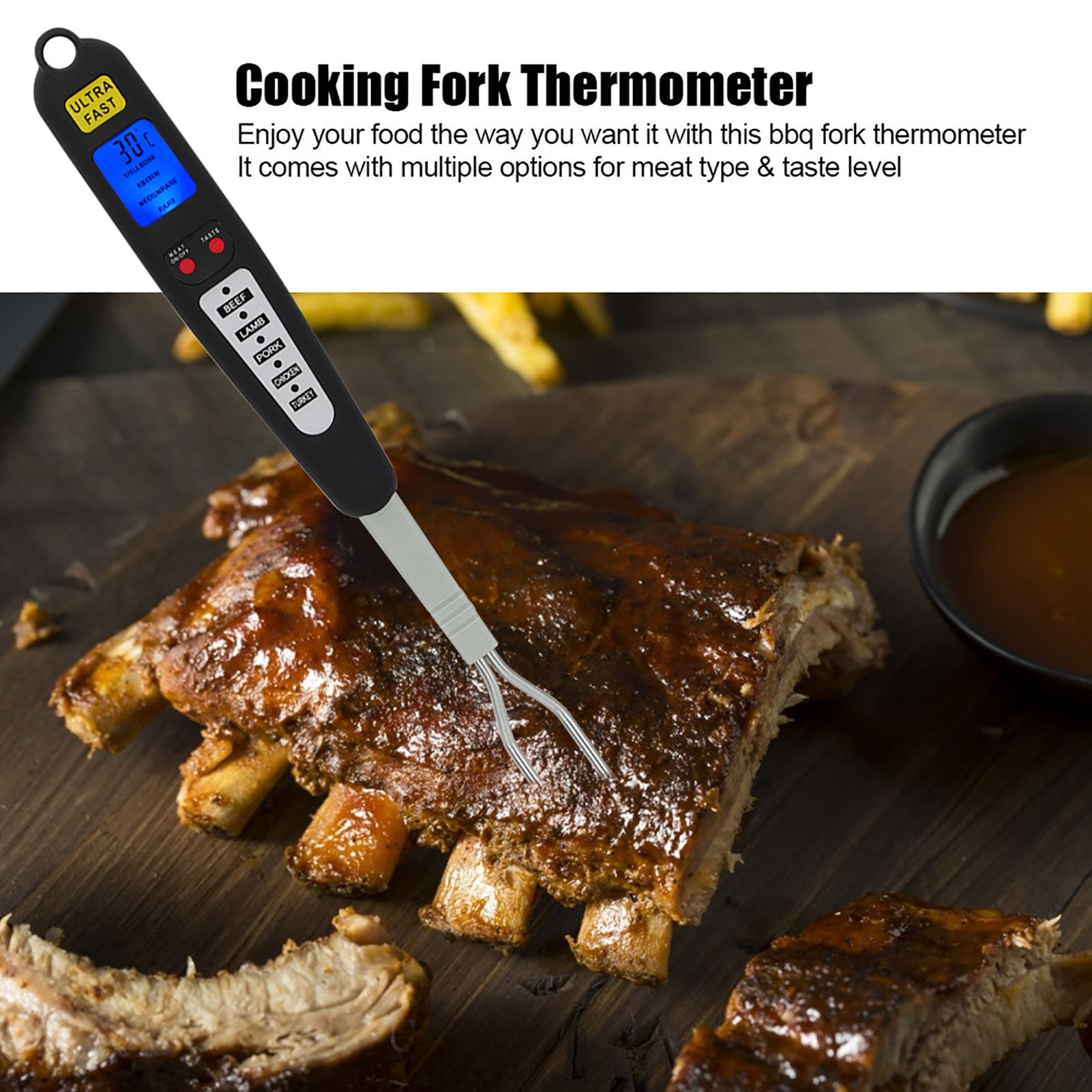 Digitales Fleisch- Und Grillthermometer, Grillgabel, Sofortanzeige, Doppelfühler, Led-display