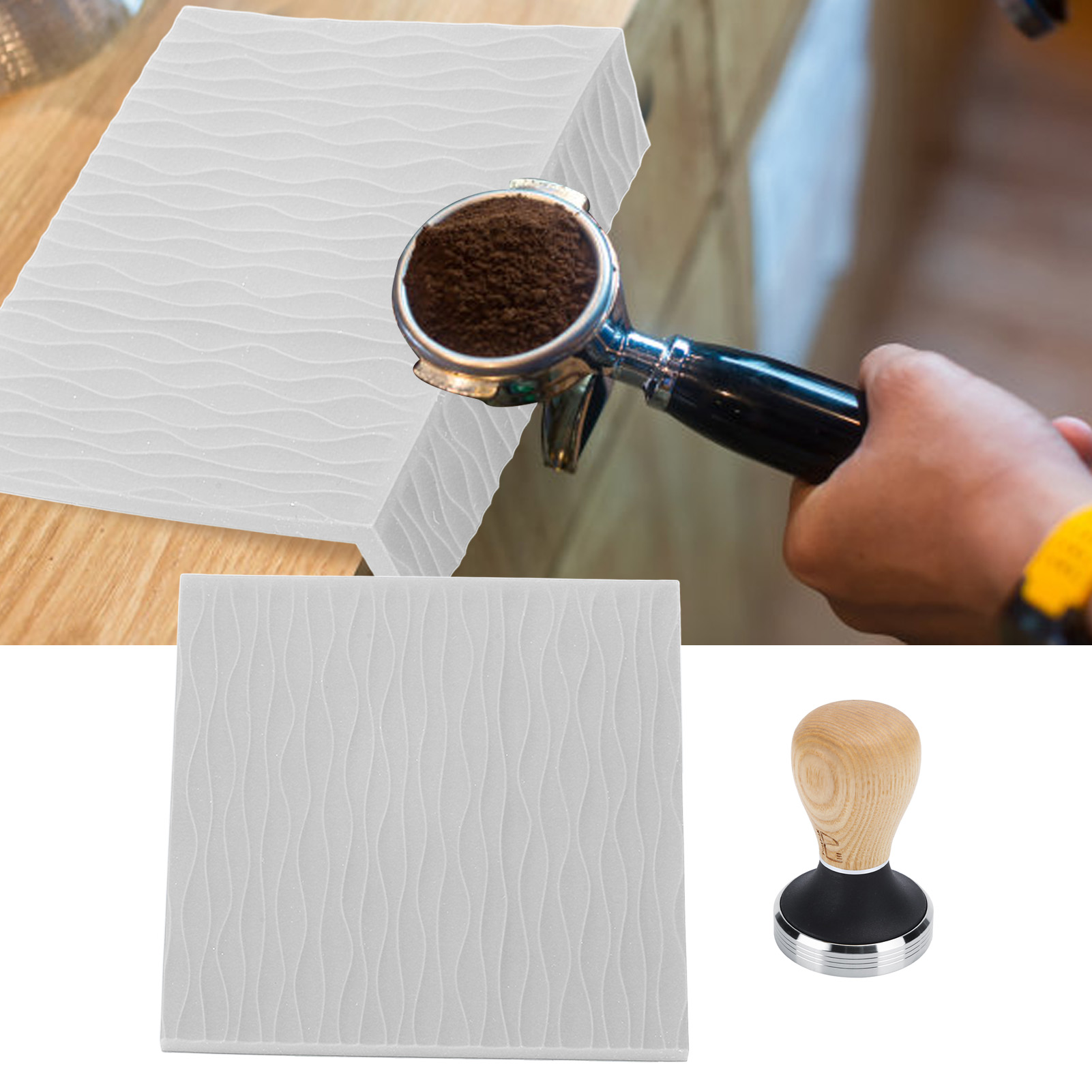Graue Kaffeetampermatte Mit Geprägtem Buchenholzgriff (58 Mm) Und Passendem Griffstück.