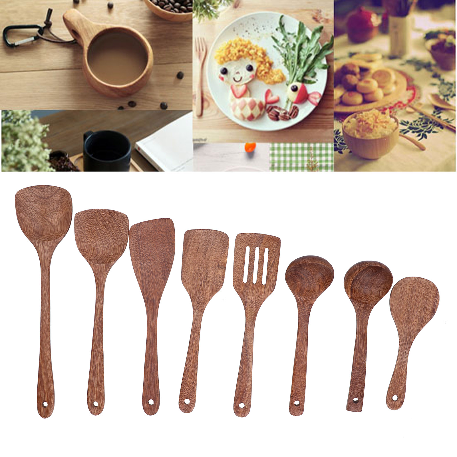 Set Aus 8 Küchenutensilien Aus Holz: Pfannenwender, Schöpfkelle, Löffel, Rühr-, Mix- Und Servierutensilien