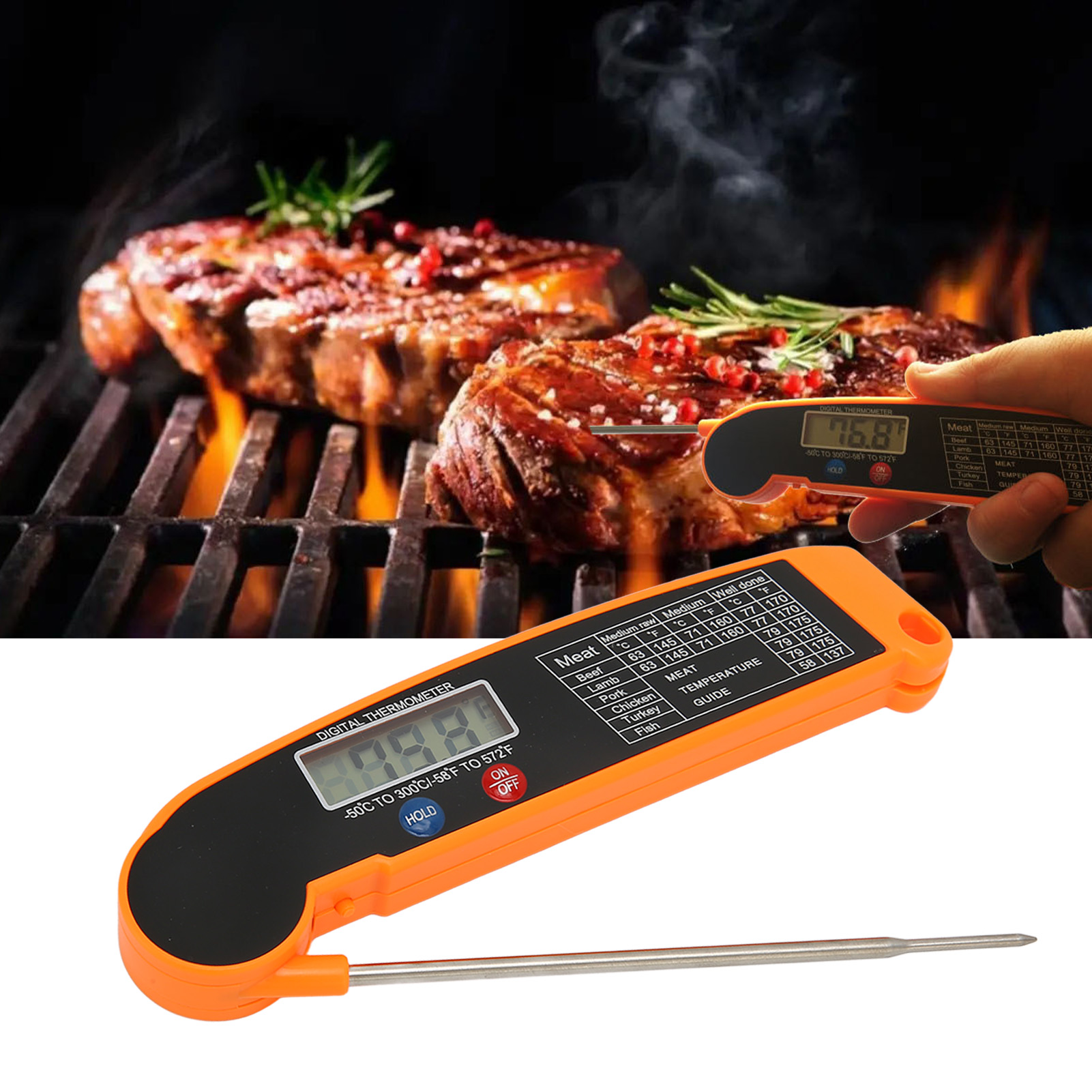 Ultradünnes, Zusammenklappbares Grillthermometer Zum Kochen, Grillen Von Fleisch, Fleischthermometer, Ofenthermometer, Orange.