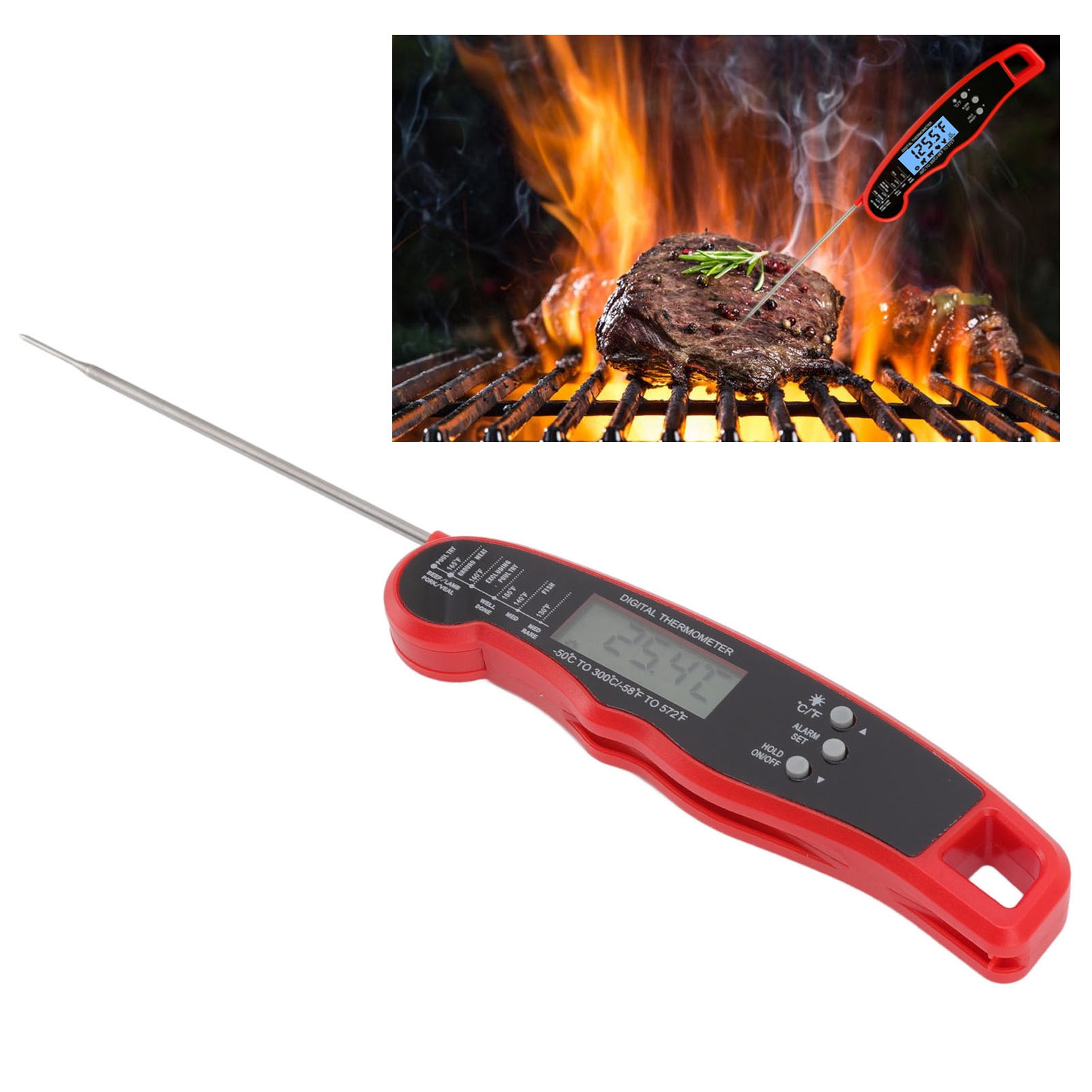 Multifunktionales, Wasserdichtes Doppelzeigerthermometer, Lebensmittelthermometer, Grillthermometer, Rot.