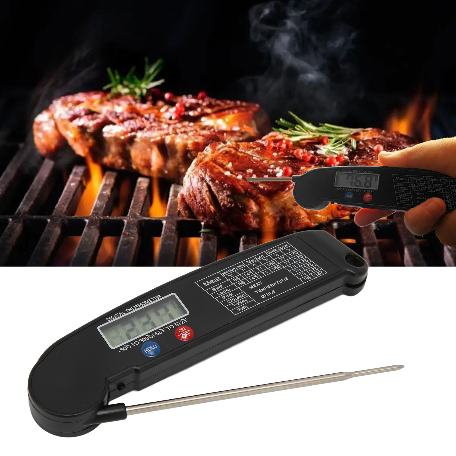 Ultradünnes, Zusammenklappbares Grillthermometer, Zum Kochen, Für Lebensmittel, Grillfleisch, Fleischthermometer, Ofenthermometer, Schwarz.