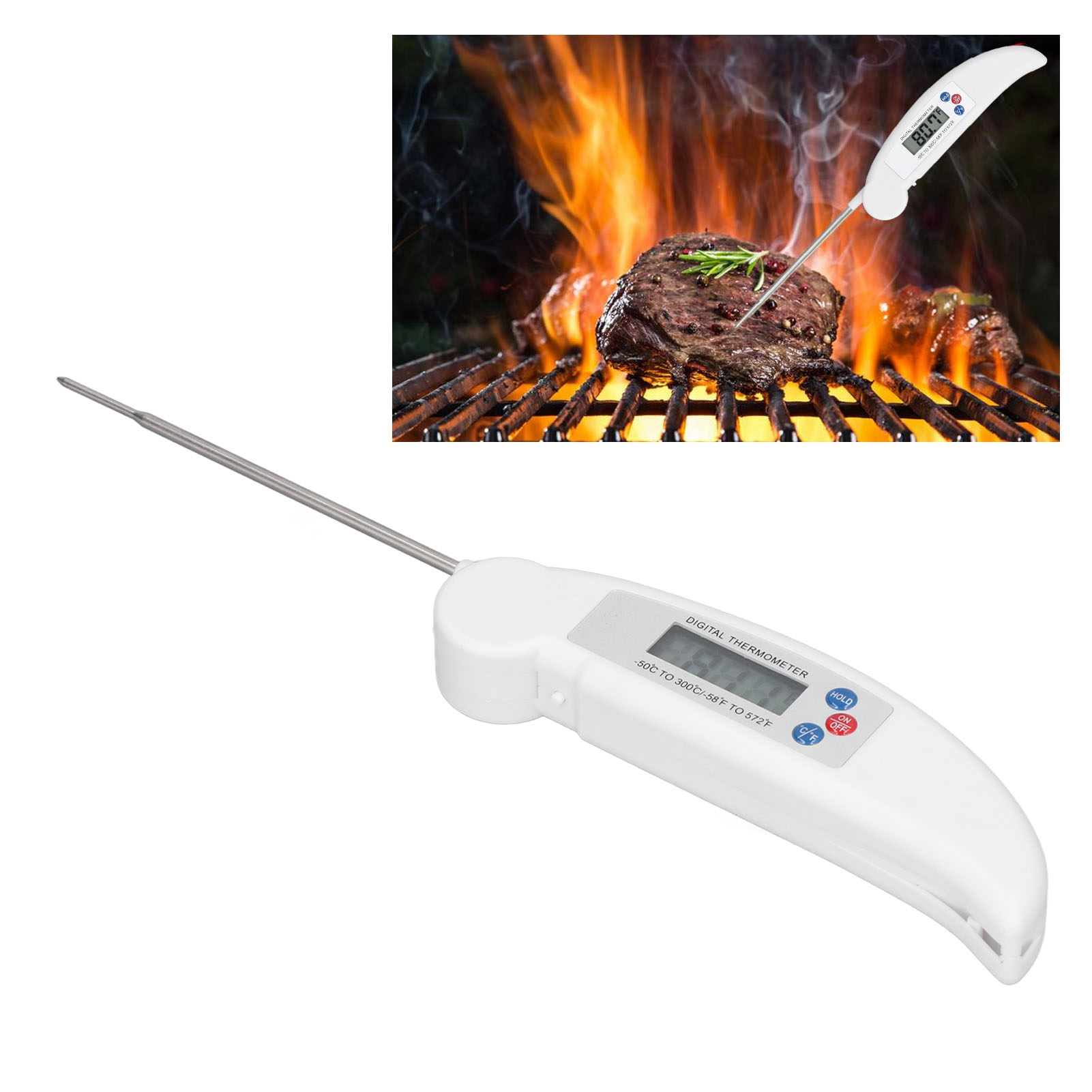 Faltbares Einstichthermometer Zum Grillen, Kochen Und Für Barbecues, Elektronisches Einstichthermometer, Weiß.