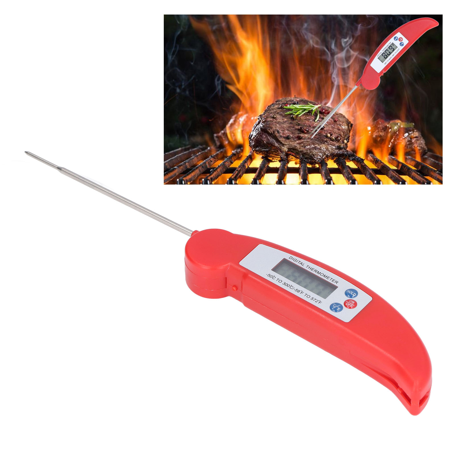 Faltbares Einstichthermometer Zum Grillen, Kochen, Elektronisches Einstichthermometer, Rot.
