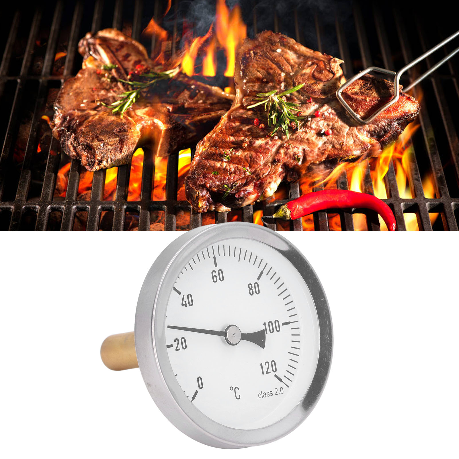 Horizontales Thermometer 63 Mm, Aluminium-mikrometer, 0 - 120 °c, Bimetallthermometer Für Backofen/grill.