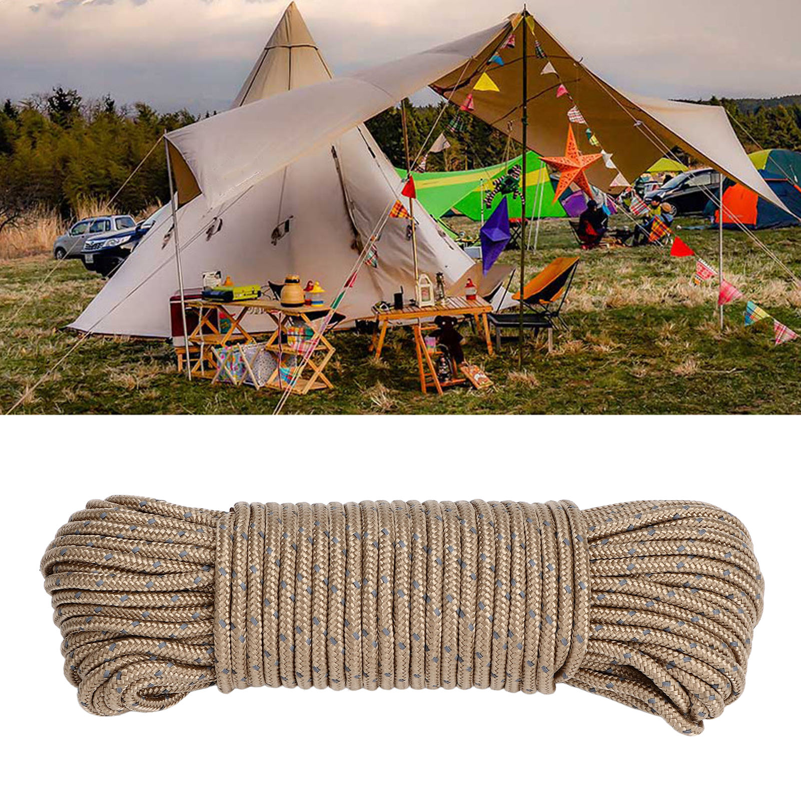 20 M Langes, Hochdichtes Zeltseil Für Camping, 3,5 Mm Starkes Campingseil, Khakifarbenes Reflektierendes Seil, Seil Zum Befestigen Und Justieren Von Planen