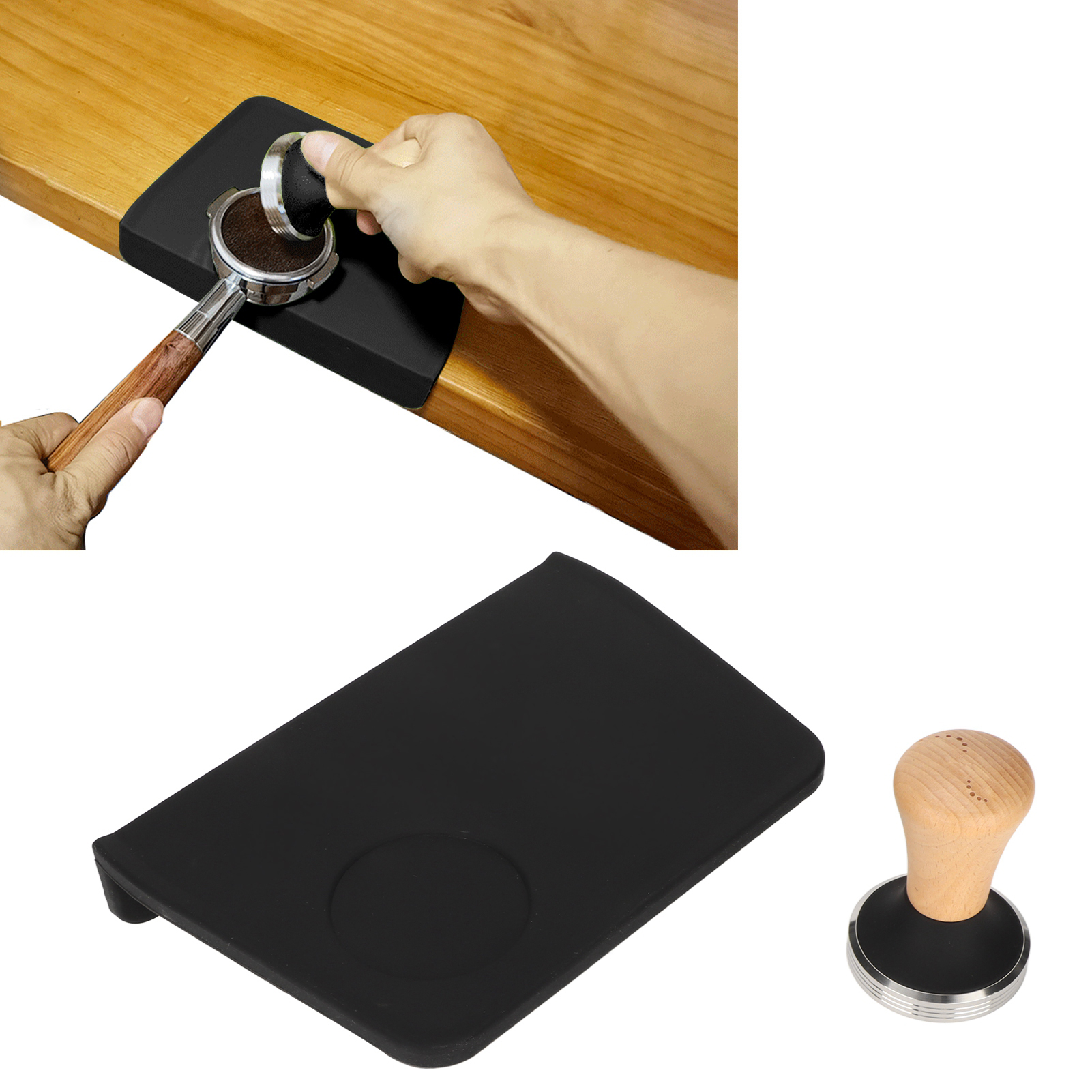 Kaffeetampermatte Mit Tamperrille, Staubabweisendem Spray, Schwarze Tampermatte + 51 Mm Tamperdurchmesser