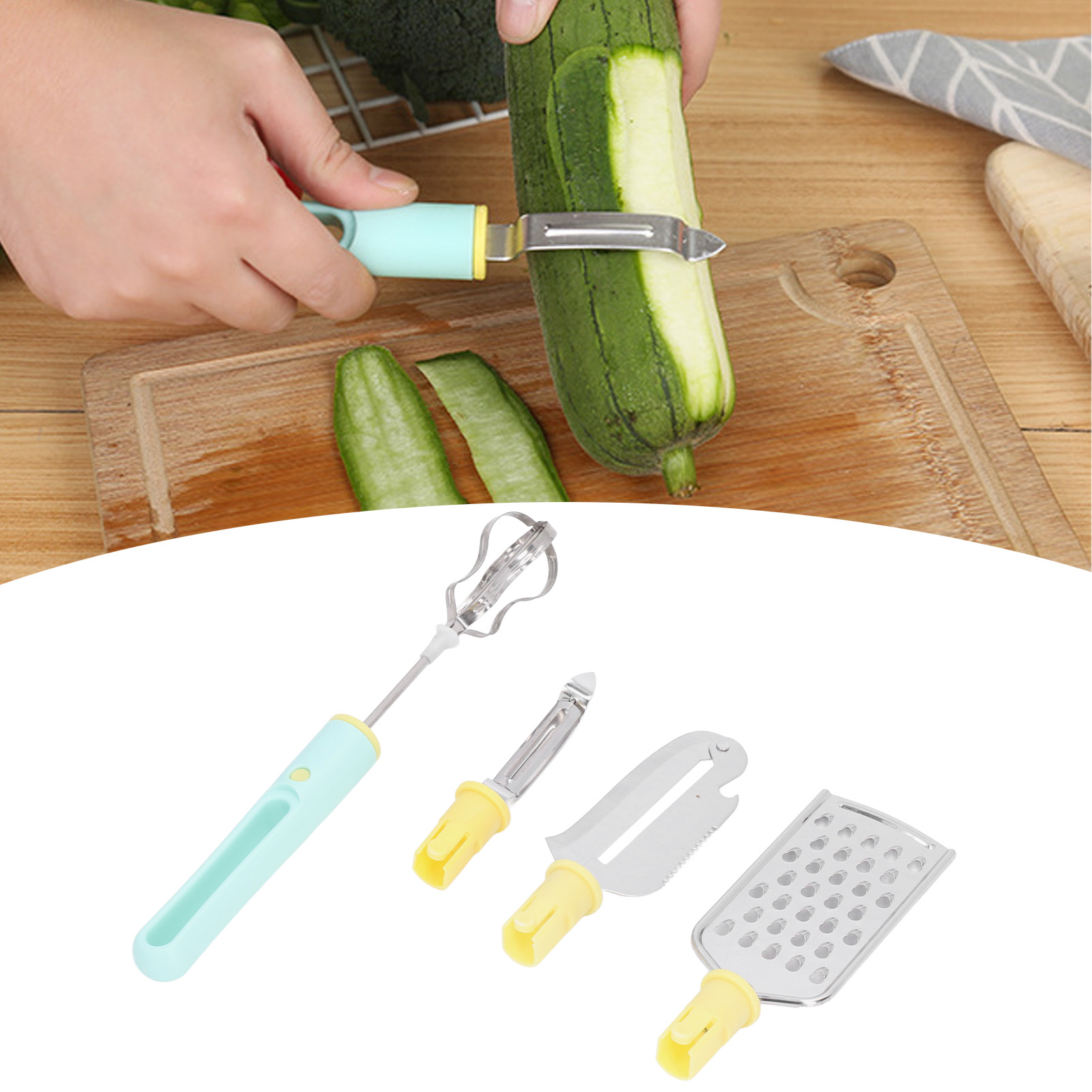 Multifunktionales 4-teiliges Edelstahl-set Zum Schneiden Von Gemüse Und Für Den Einsatz In Der Küche: Gemüseschneider, Sparschäler, Reibe Und Schneebesen Mit Austauschbaren Köpfen.