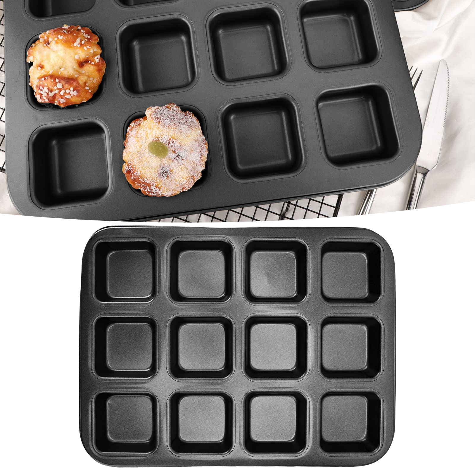 Antihaftbeschichtete 12-mulden-backform Für Brot Und Kuchen, Mochi, Mini-hamburger, Selbstgemachtes Backutensil, Extra Dicke Schwarze Quadratische 12-mulden-backform