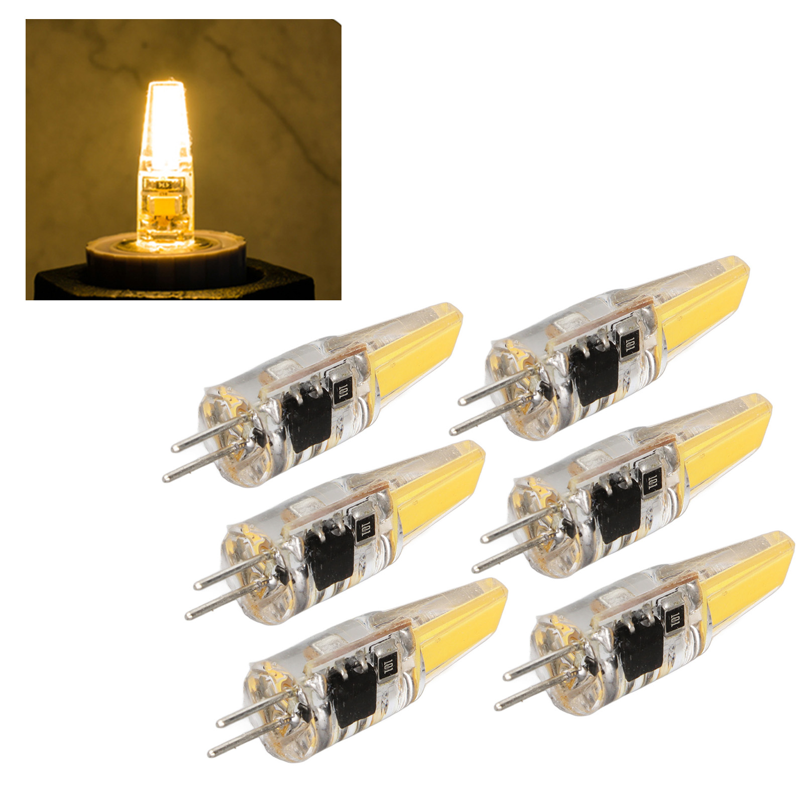 Kleine G4-glühbirnen, Kleine Cob-glühbirnen, Led-perlen, 6er-pack, 6 W, Für Pendelleuchten, Deckenleuchten, Wandleuchten, Tischlampen, 6er-pack / Warmweiß.