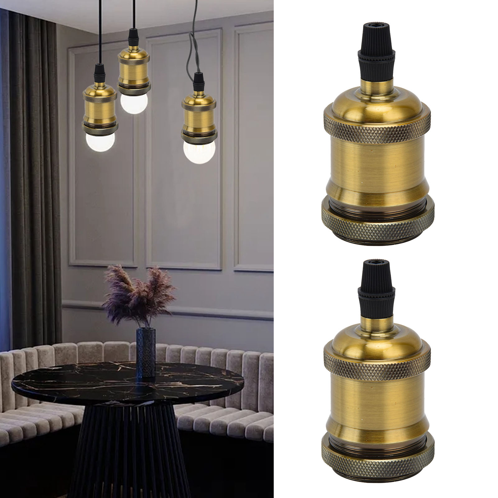Set Mit 2 Vintage-retro-lampenfassungen Aus Aluminium, Diy-zubehör Für Vintage-e26/27-glühbirnen, Bronzegelb