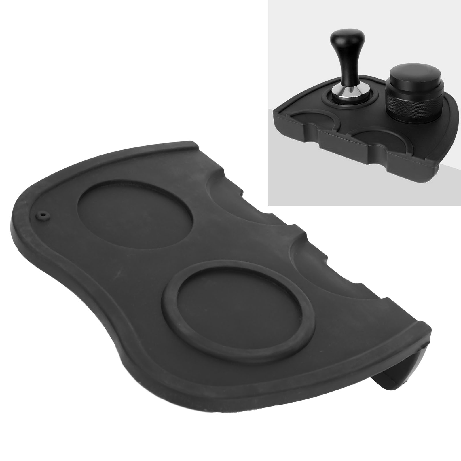 Kaffeetampermatte, Kaffeetamper, Ecktamper, Tamperständer, Schwarz, Kaffeefarben, Doppelkopf